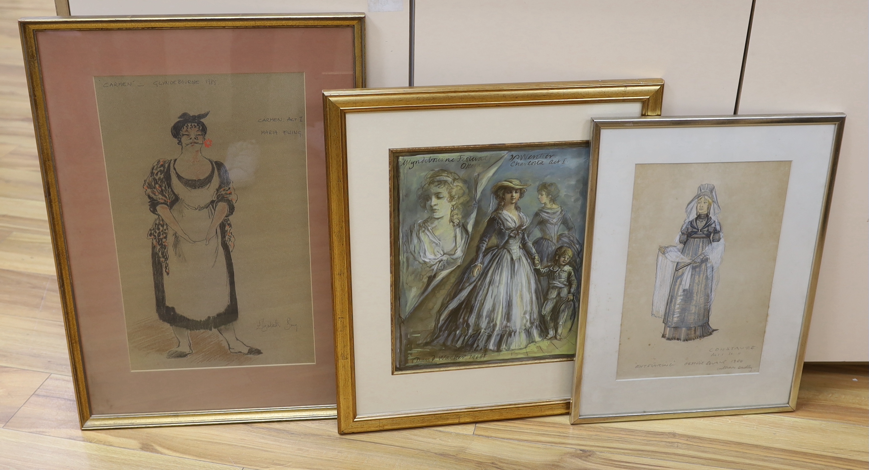 Three mixed media Glyndebourne theatrical costume designs, including Constanze by William Dudley, each with inscriptions, 49cm x 30cm